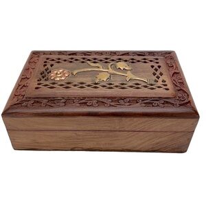 Carved Wooden and Brass Floral Trinket Jewelry Hinged Box Small